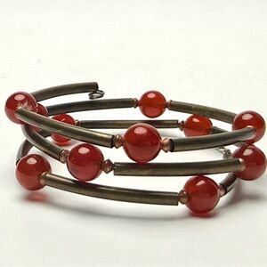 VTG Red Beaded Brass Tone Coil Bracelet Boho Wrap Style Statement